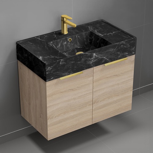 Nameeks DERIN1001 Modern Bathroom Vanity With Black Marble Design Sink, Wall Mounted, Single, 32 Inch, Brown Oak